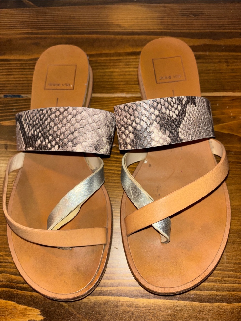 Dolce Vita Tan Leather & Snake-Print Slide Sandals with Silver Accent